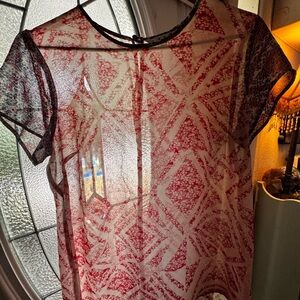 CAbi Red and Black Sheer Geometric Blouse